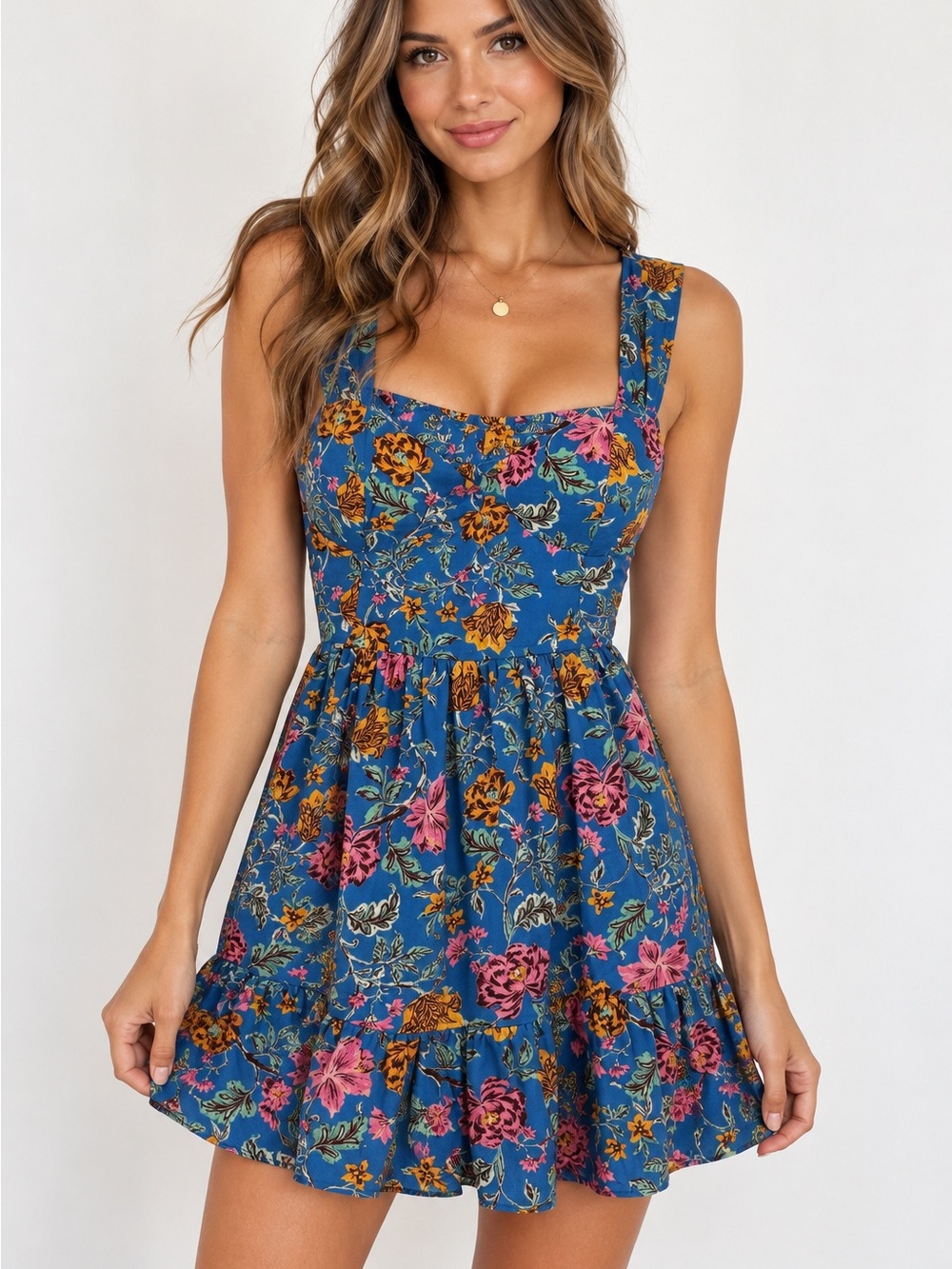Free People Band of the Free Floral Square-Neck Mini Dress in Blue Pink size S